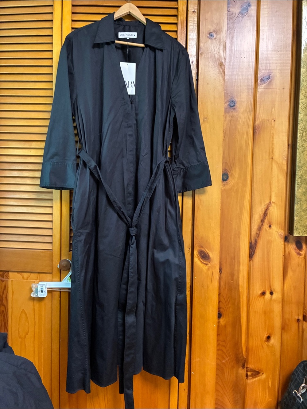 Zara Black Long Belted Trench maxi dress  button front 2 packets